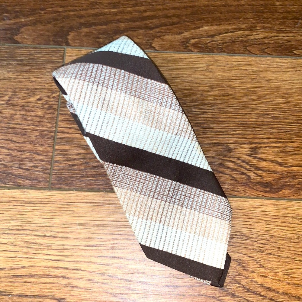 Vintage 60s Givenchy Tie Gentlemen Paris Brown Tan Cream Diagonal Stripe Mod 3.5